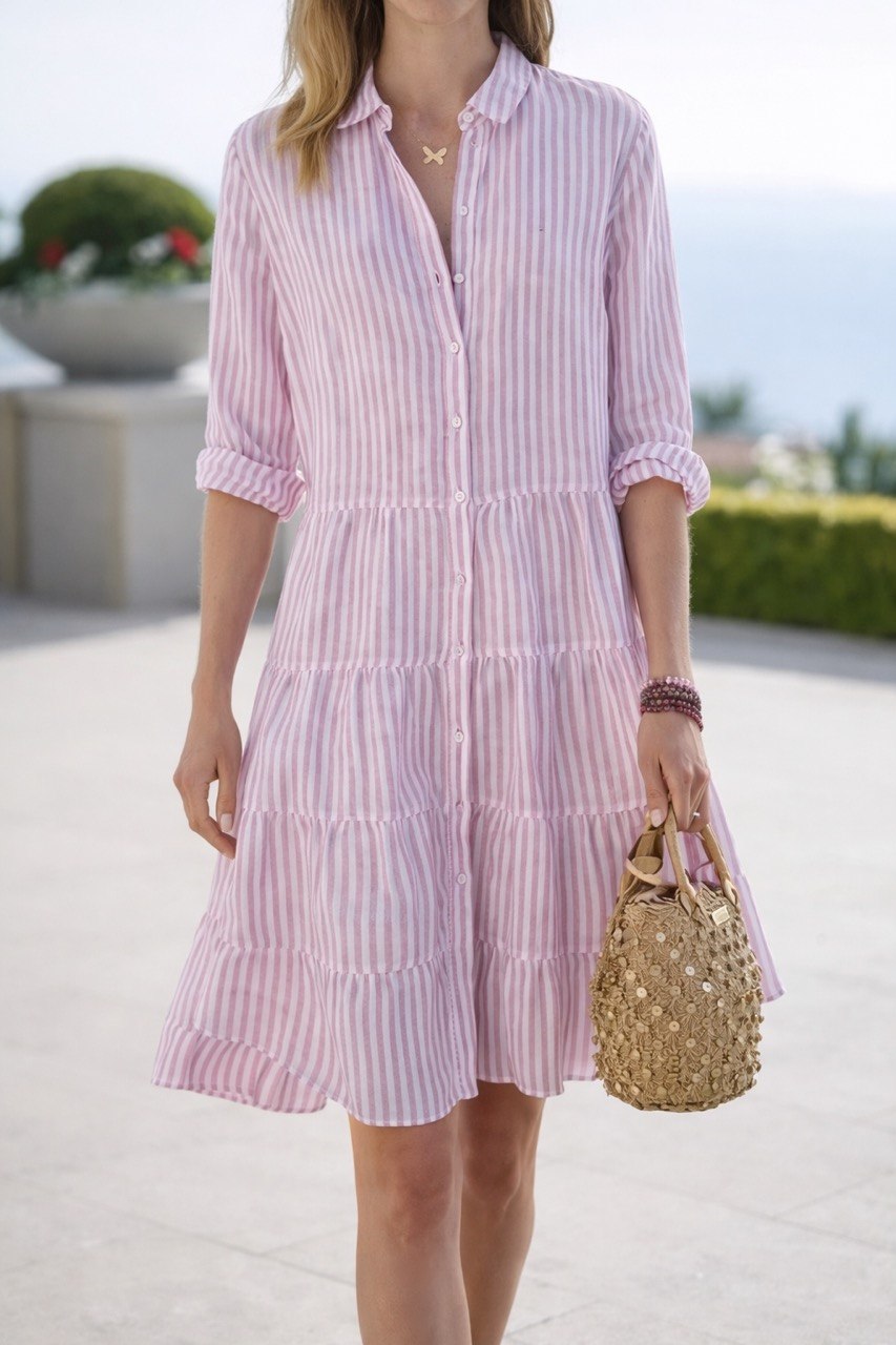 Striped Button Down Shirt Dress – Long Sleeve Tiered Midi Dress