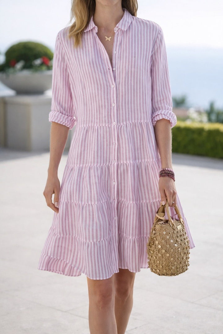 Striped Button Down Shirt Dress – Long Sleeve Tiered Midi Dress