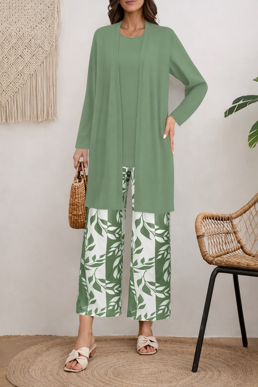 Long Sleeve cardigan, Tunic Top & Wide-Leg Pants Floral Set – Relaxed Fit