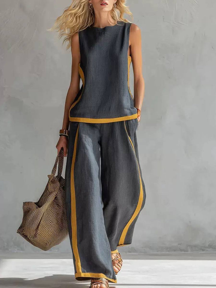 Women's Linen Sleeveless Wide Leg Two Piece Set