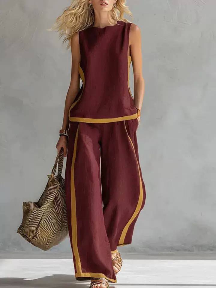 Women's Linen Sleeveless Wide Leg Two Piece Set