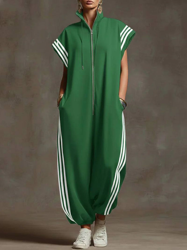 Women's Hooded Zip Neck Striped Wide Leg Jumpsuit