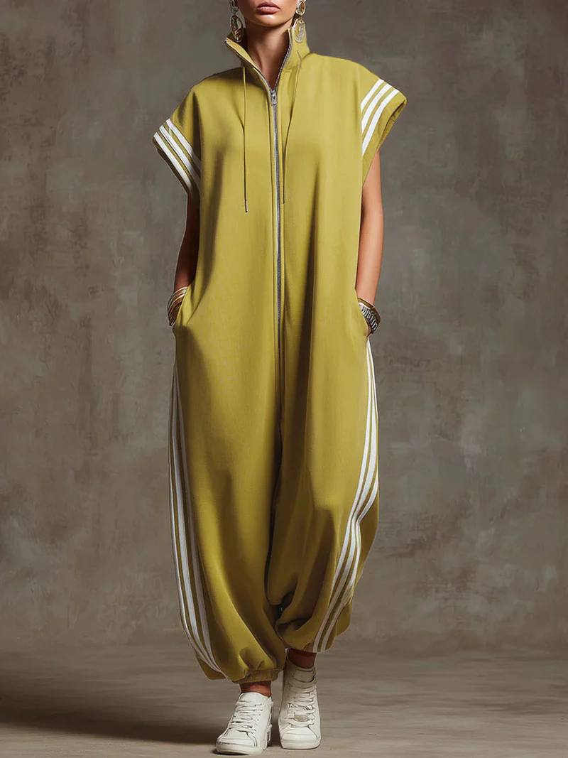 Women's Hooded Zip Neck Striped Wide Leg Jumpsuit