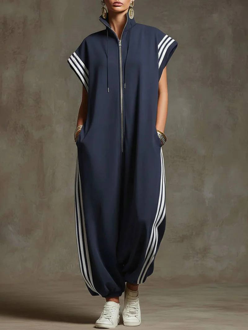 Women's Hooded Zip Neck Striped Wide Leg Jumpsuit