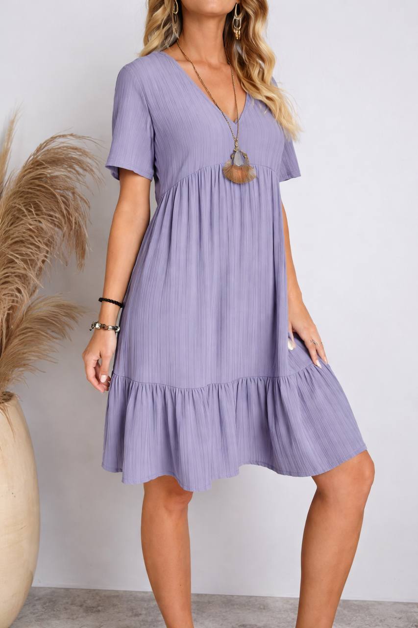 V-Neck Tiered Mini Dress – Short Sleeve Relaxed Fit