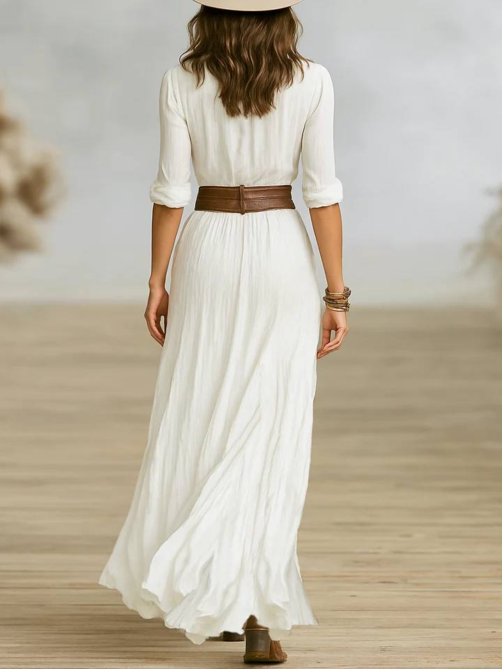 Women's Retro V Neck Long Sleeve Belted Maxi Dress