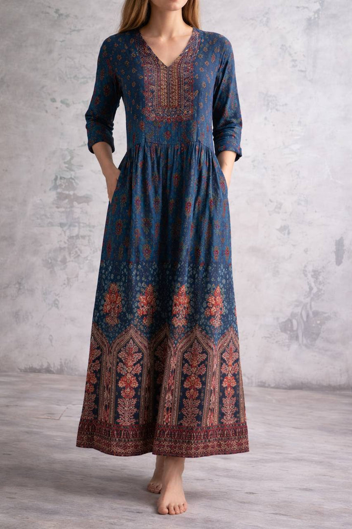 Women's Bohemian Patterned Long Sleeve Maxi Dress