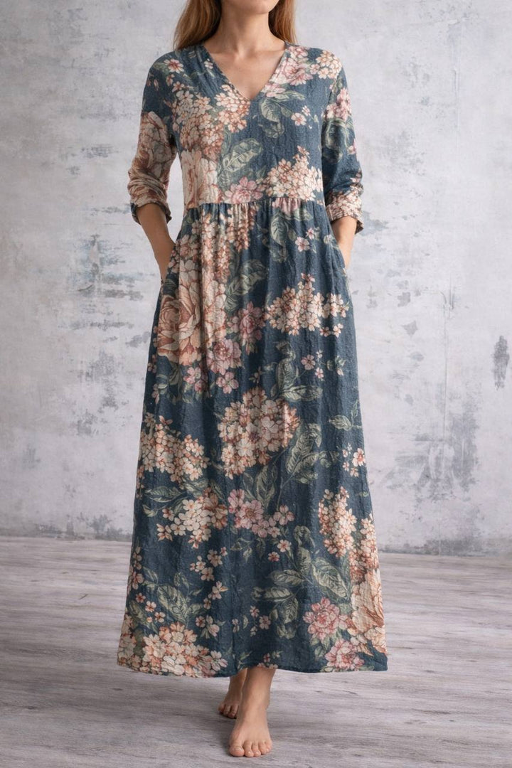 Women's Floral V Neck Long Sleeve Maxi Dress