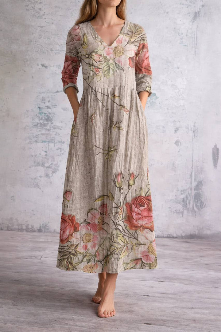Women's Floral V Neck Long Sleeve Maxi Dress