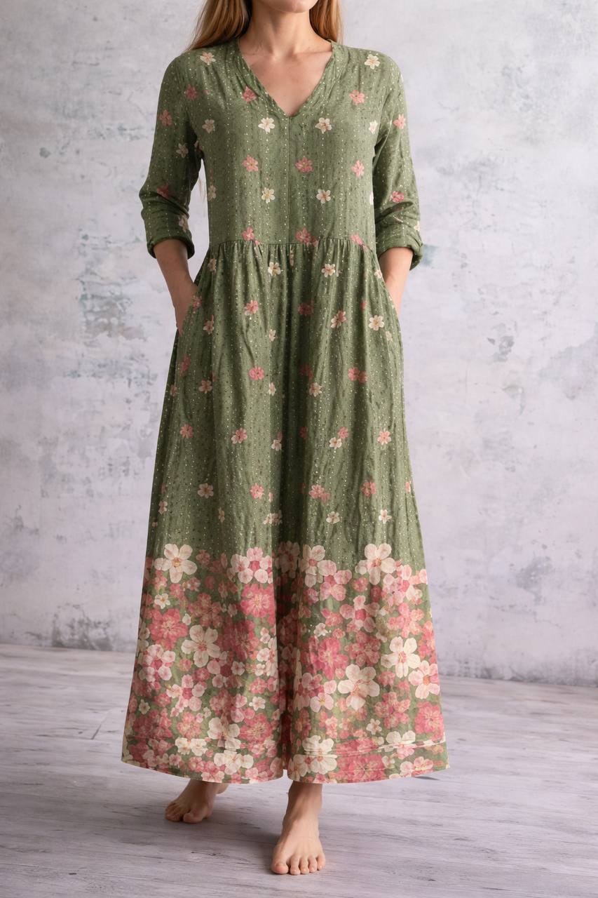 Women's Floral V Neck Long Sleeve Maxi Dress