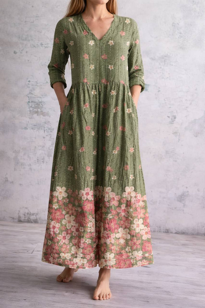 Women's Floral V Neck Long Sleeve Maxi Dress