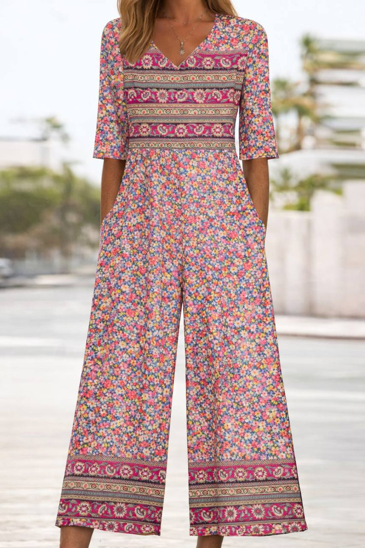 Women's Bohemian Print V Neck Wide Leg Jumpsuit