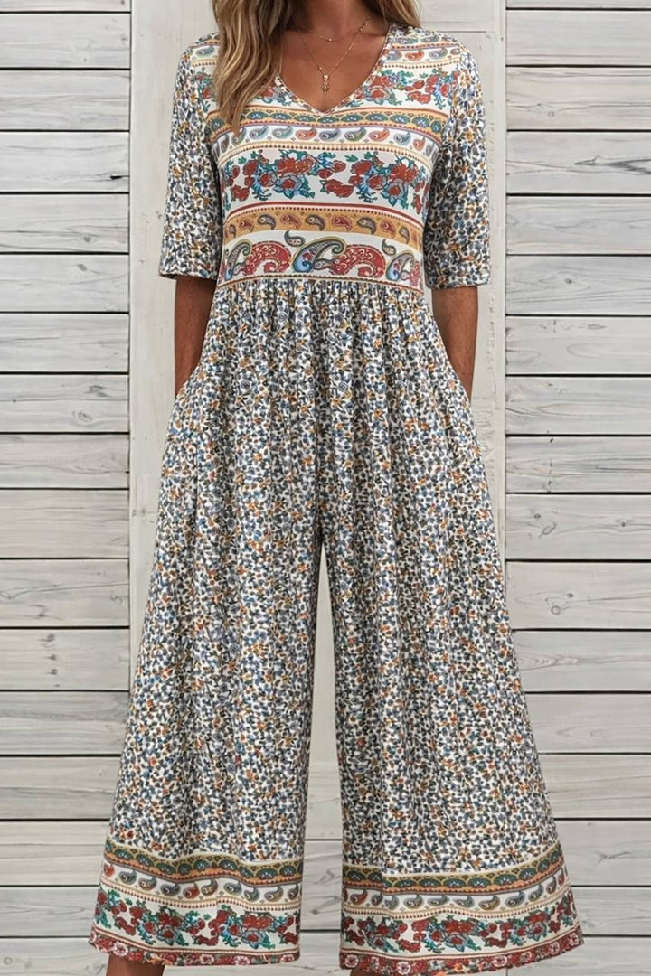 Women's Bohemian Print V Neck Wide Leg Jumpsuit