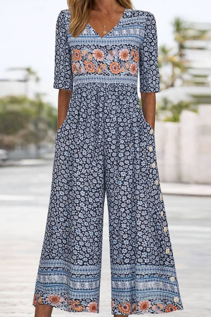Women's Bohemian Print V Neck Wide Leg Jumpsuit