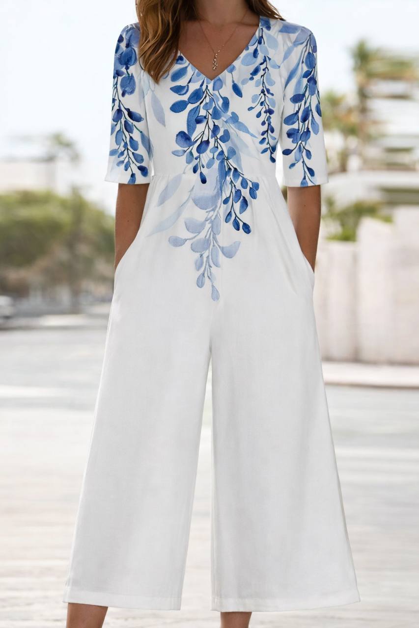 Women's Floral Half Sleeve Wide Leg Jumpsuit