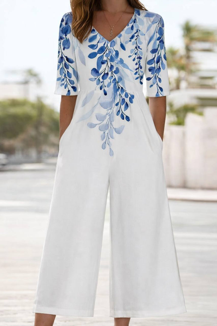 Women's Floral Half Sleeve Wide Leg Jumpsuit