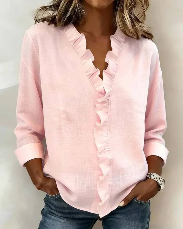 Women's Ruffle V Neck Long Sleeve Blouse
