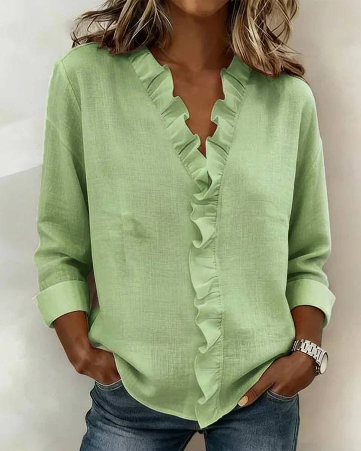 Women's Ruffle V Neck Long Sleeve Blouse