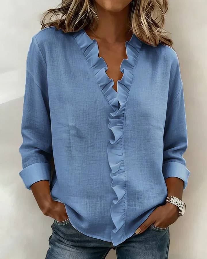 Women's Ruffle V Neck Long Sleeve Blouse