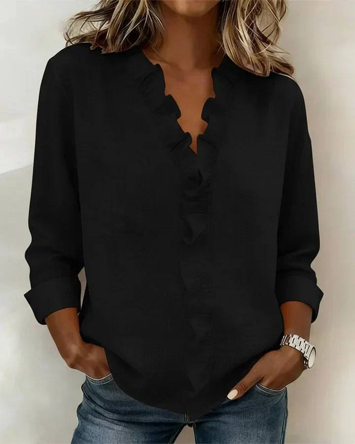 Women's Ruffle V Neck Long Sleeve Blouse