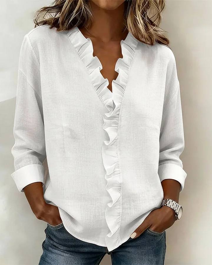 Women's Ruffle V Neck Long Sleeve Blouse