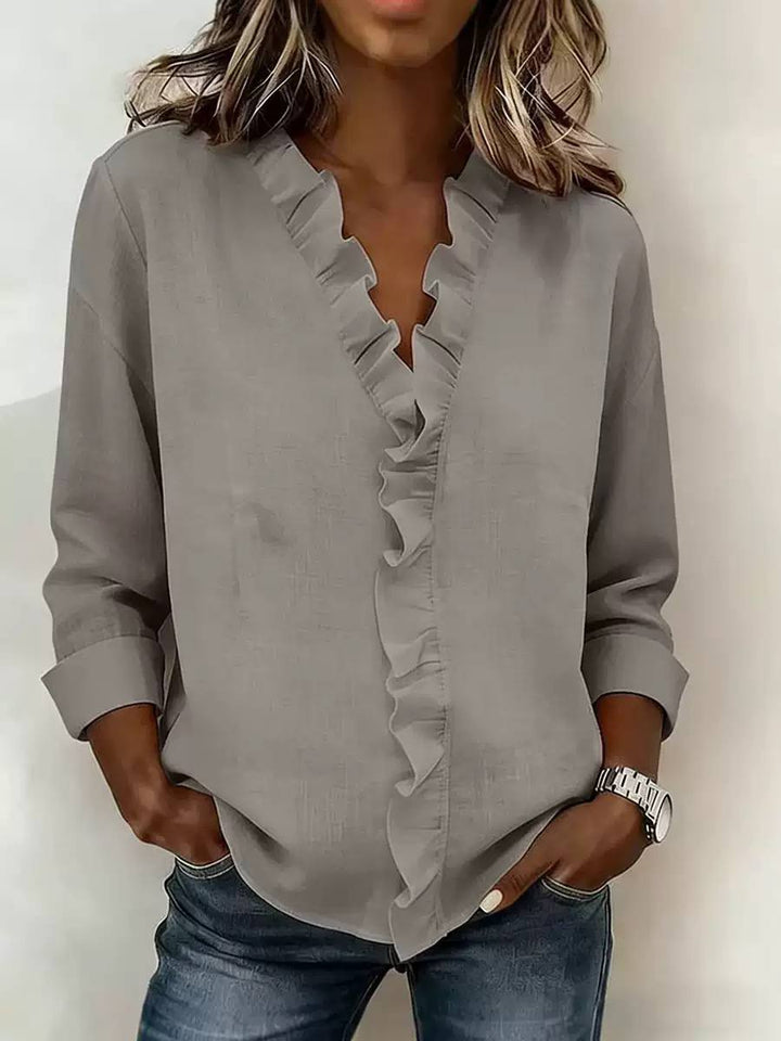 Women's Ruffle V Neck Long Sleeve Blouse