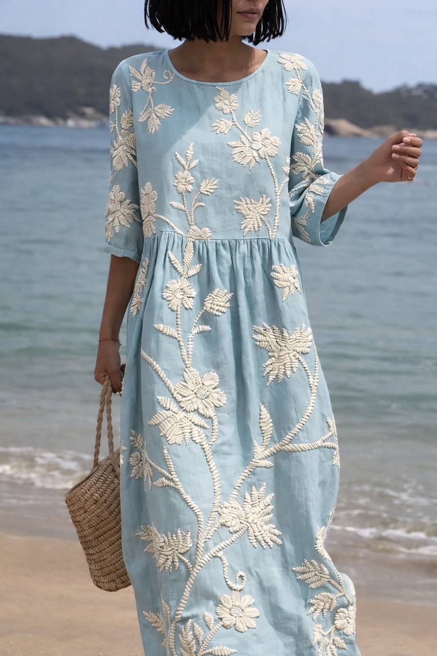 Women's Floral Embroidered Loose Maxi Dress