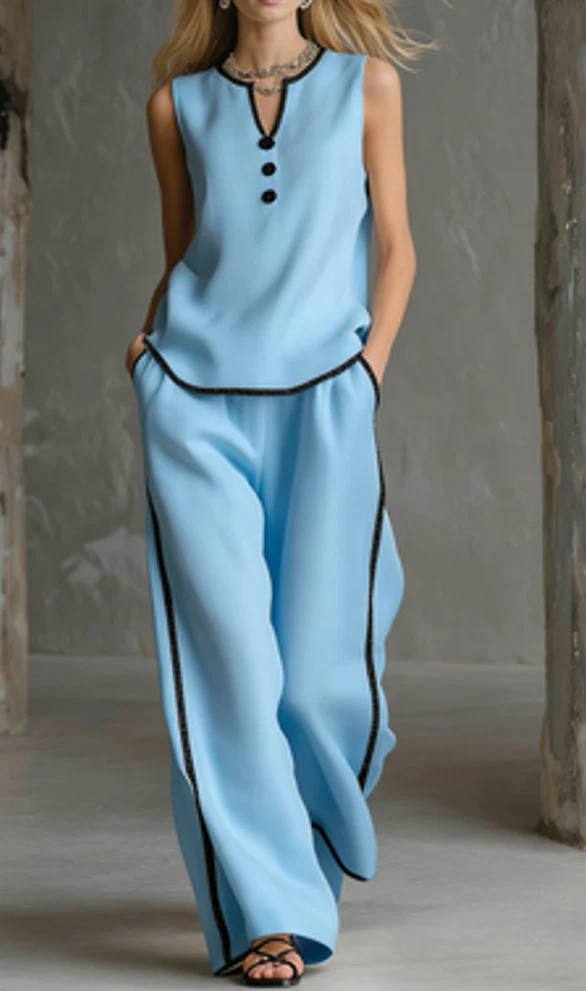 Women's Sleeveless Linen Top & Wide Leg Trouser Set