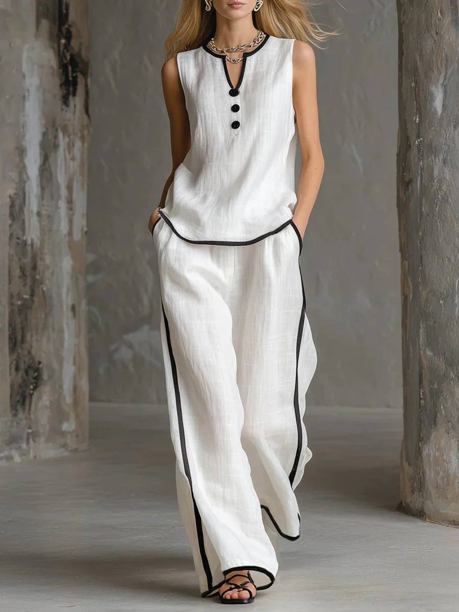 Women's Sleeveless Linen Top & Wide Leg Trouser Set