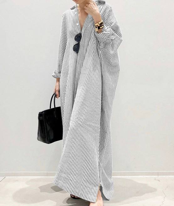Women's Long Sleeve Oversized Stripe Shirt Maxi Dress