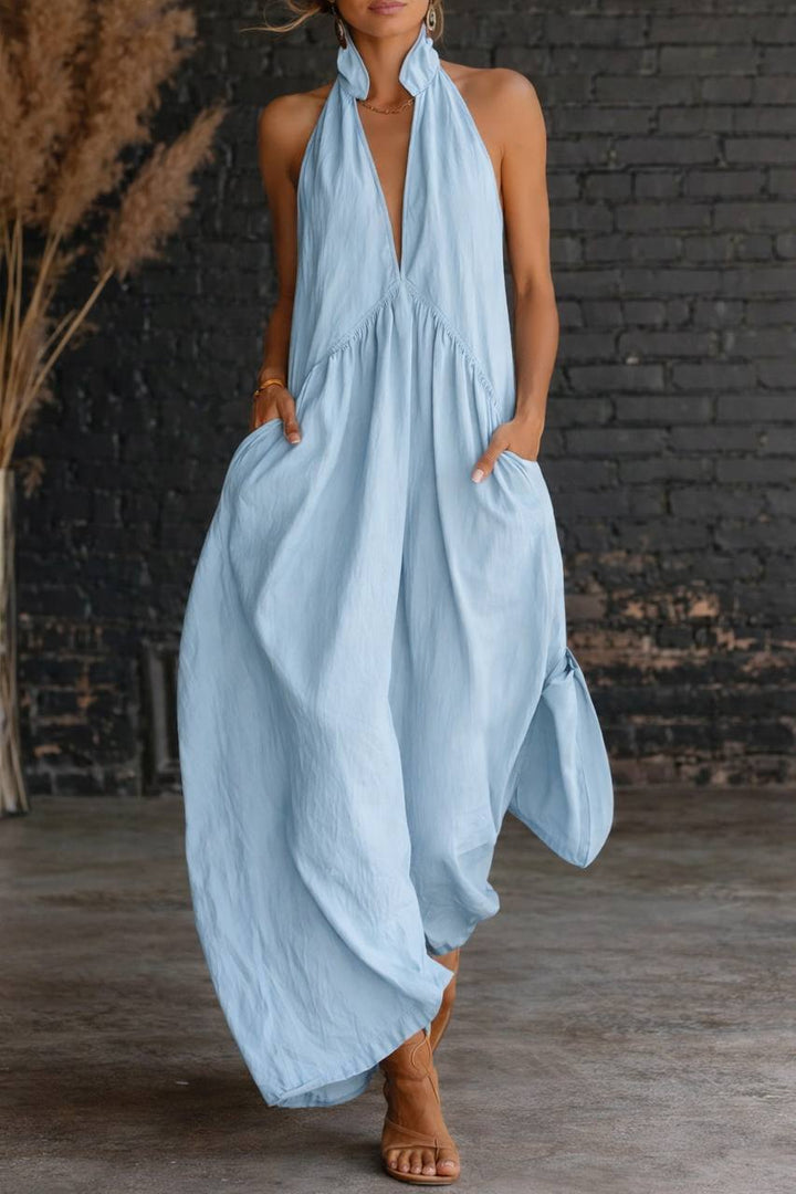 Women's Sleeveless Halter Neck Maxi Dress with Pockets
