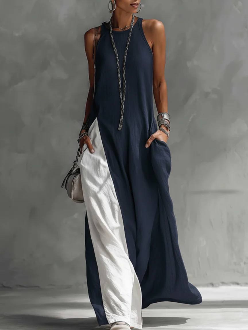 Women's Sleeveless High Neck Pocket Maxi Dress
