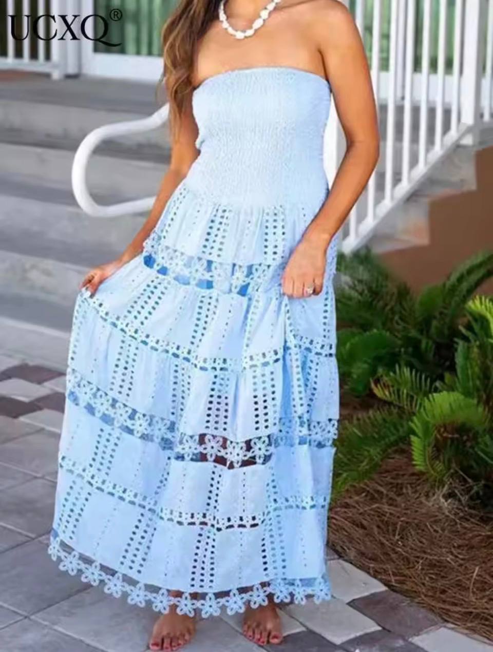 Strapless Maxi Dress – Smocked Bodice with Eyelet Lace Detail and Tiered Flowy Skirt