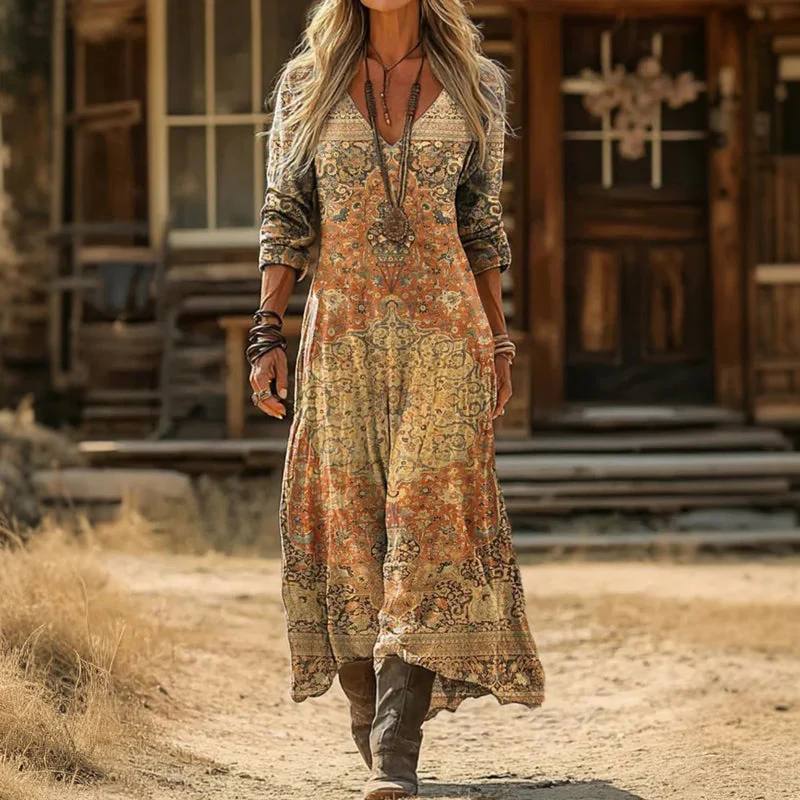 Women's Boho V Neck Long Sleeve Maxi Dress