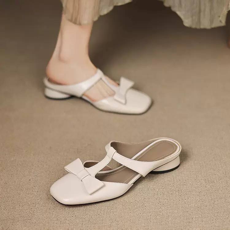 Women's Square Toe Bow Mary Jane Mule Low Heel Sandals