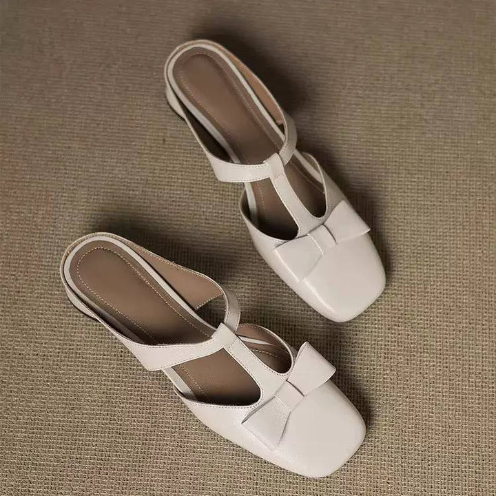 Women's Square Toe Bow Mary Jane Mule Low Heel Sandals