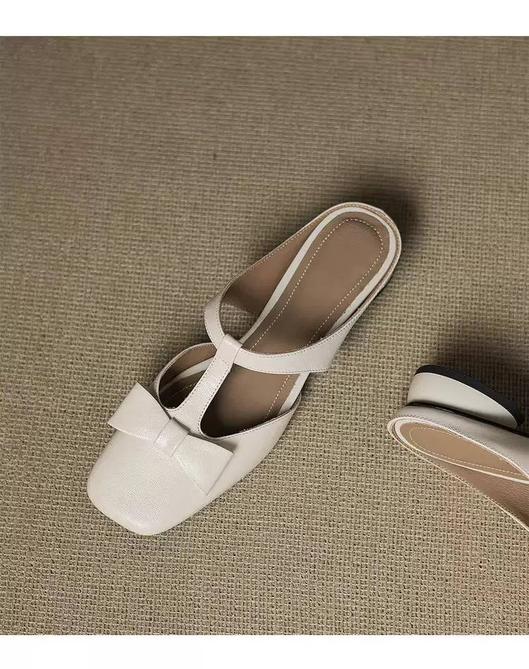 Women's Square Toe Bow Mary Jane Mule Low Heel Sandals