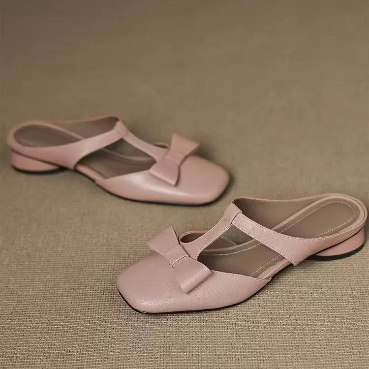Women's Square Toe Bow Mary Jane Mule Low Heel Sandals