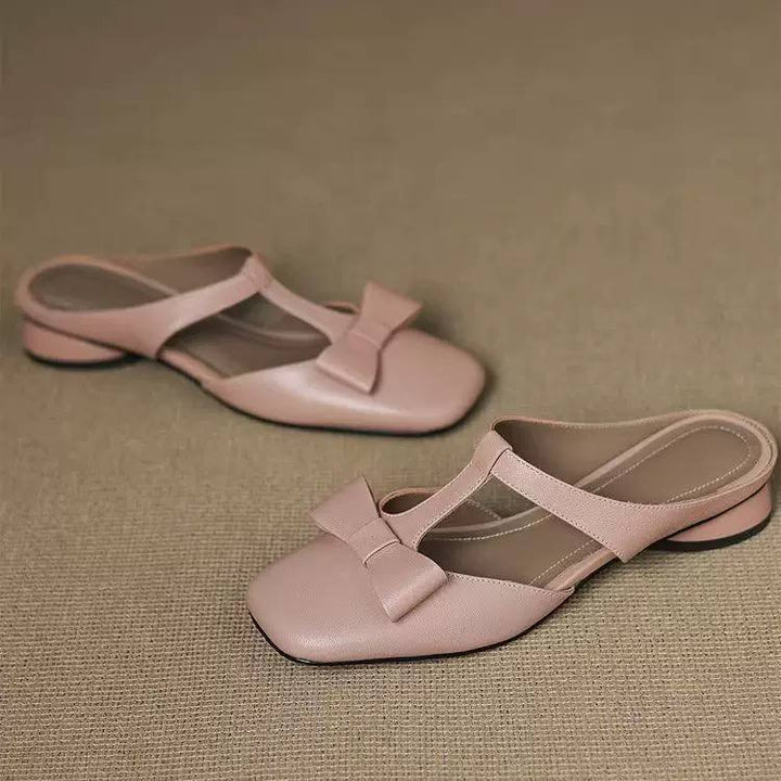 Women's Square Toe Bow Mary Jane Mule Low Heel Sandals