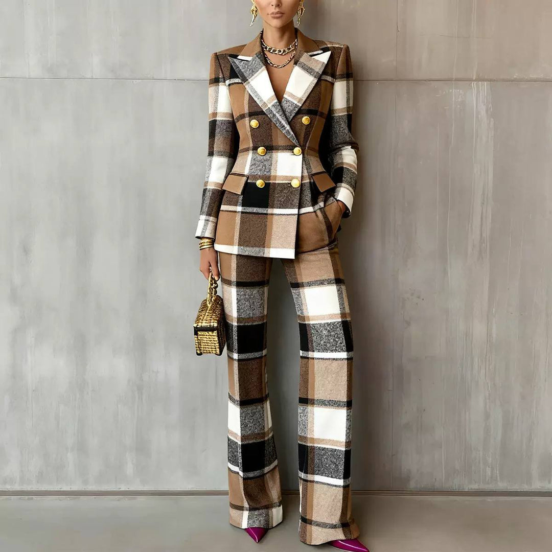 Women's Plaid Blazer Trouser Suit Set