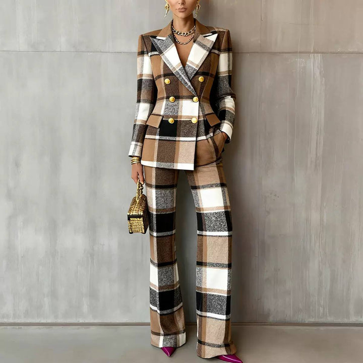 Women's Plaid Blazer Trouser Suit Set