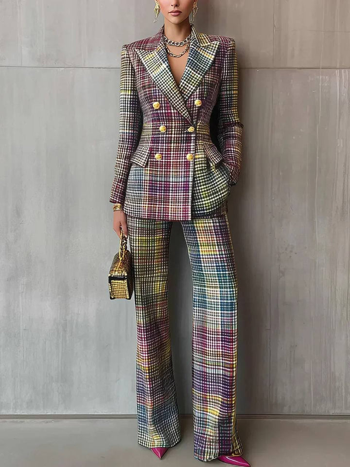 Women's Plaid Blazer Trouser Suit Set