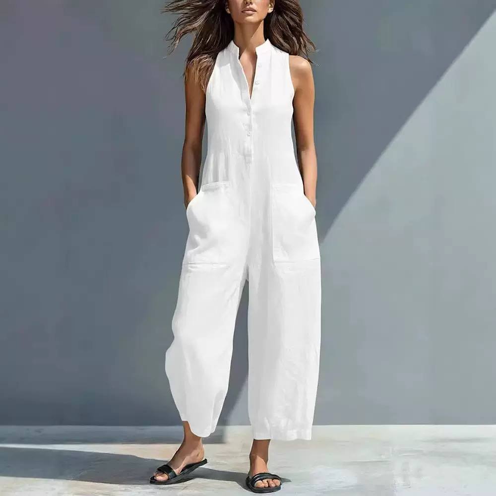 Women's Sleeveless Linen Pocket Jumpsuit