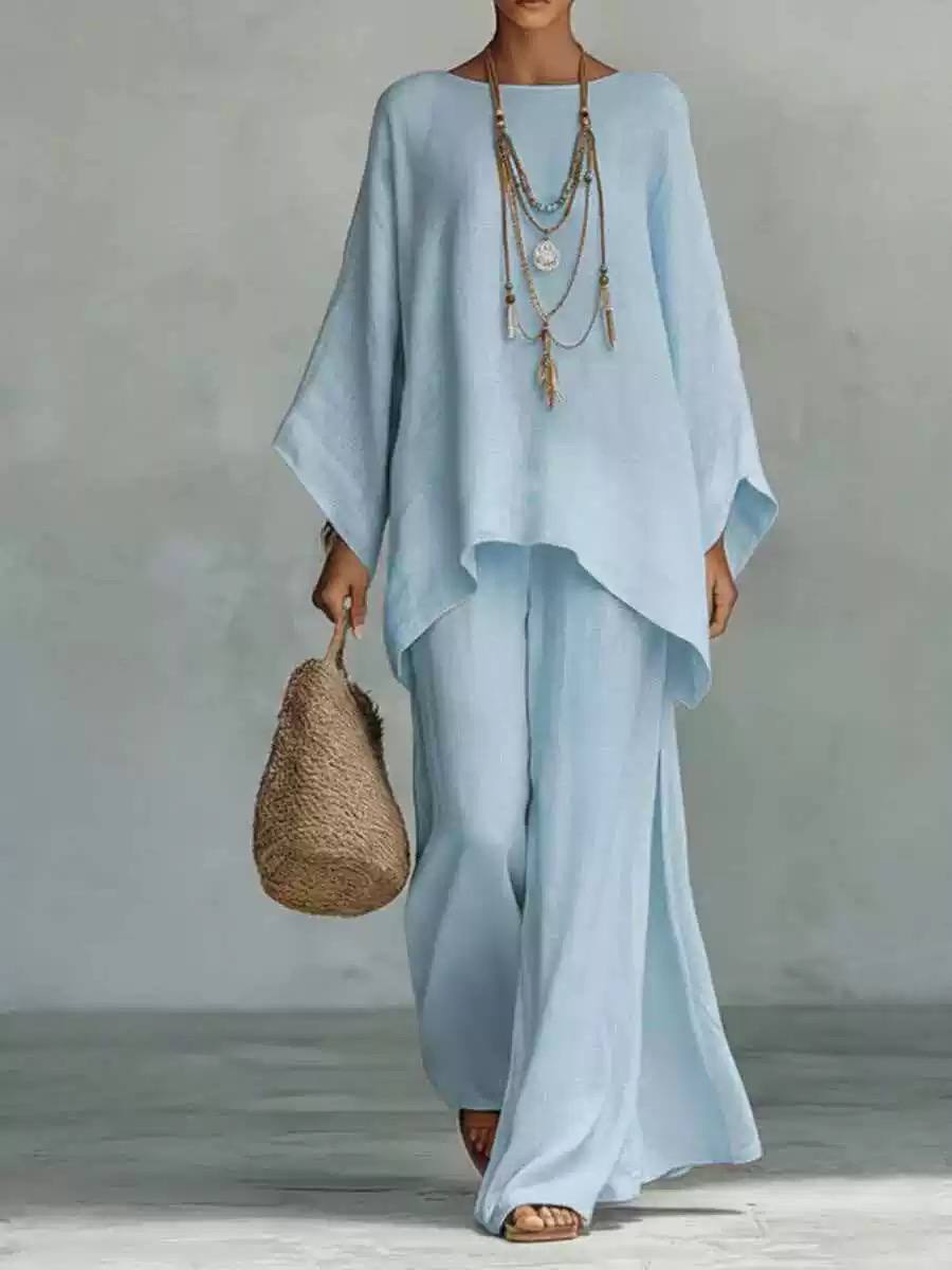 Women's Linen Top and Wide Leg Trousers Set