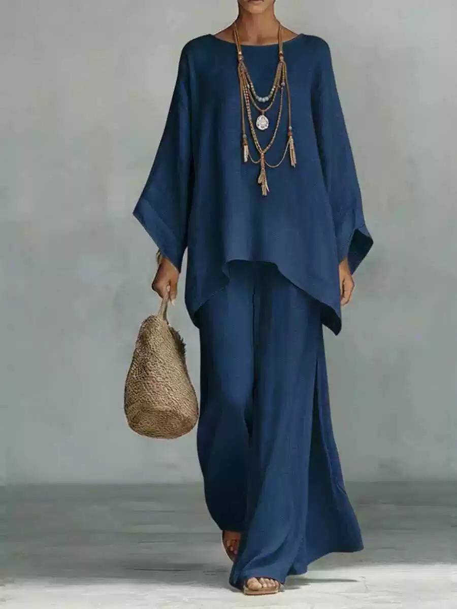 Women's Linen Top and Wide Leg Trousers Set