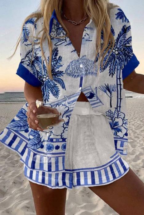 Women's Mediterranean Print Beach Shirt & Shorts Set