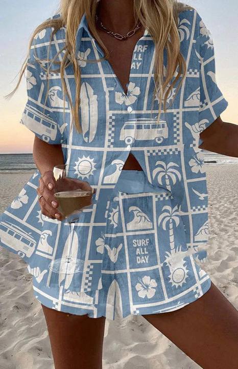 Women's Mediterranean Print Beach Shirt & Shorts Set