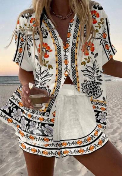 Women's Mediterranean Print Beach Shirt & Shorts Set