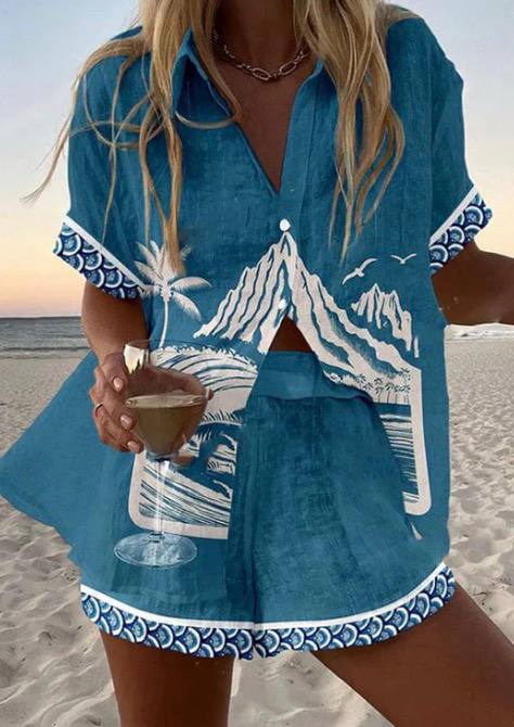 Women's Mediterranean Print Beach Shirt & Shorts Set