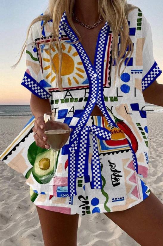 Women's Mediterranean Print Beach Shirt & Shorts Set